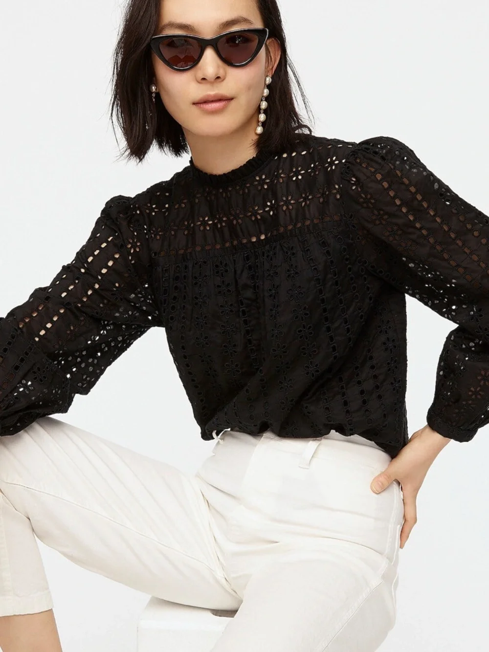 J. Crew Black Eyelet Long Sleeve Tie-Back Top Size XL Cotton Blouse